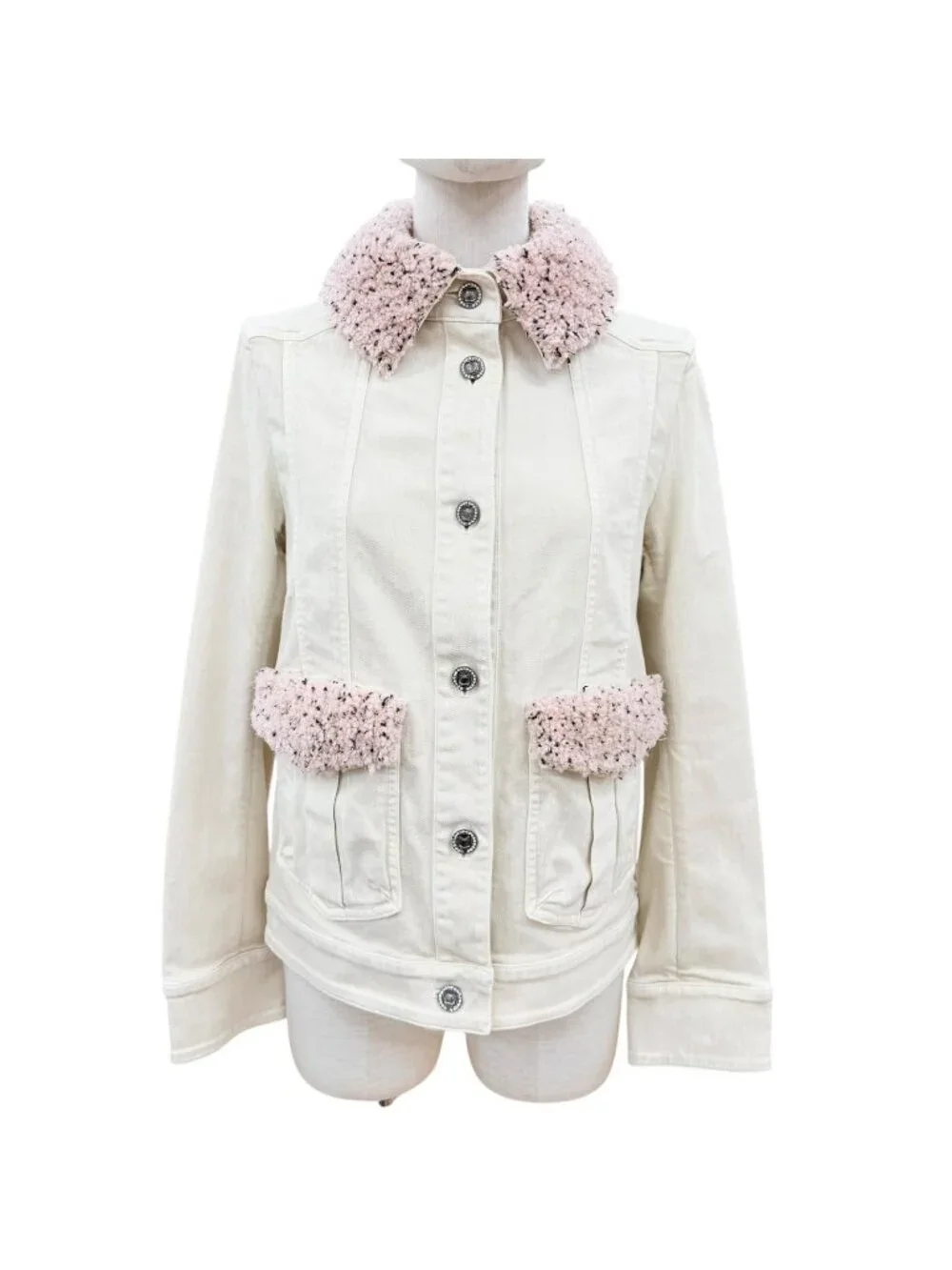 Chanel Mini Coco Button with Stone Fleece Denim Jacket Ivory 34